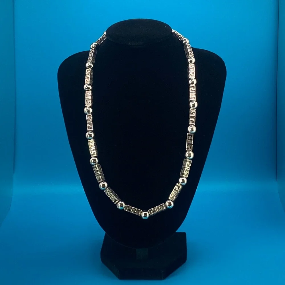 Silver Tone Greek Key Meander Bead Necklace & Large‎ Hoop Earring Set Pre-Owned